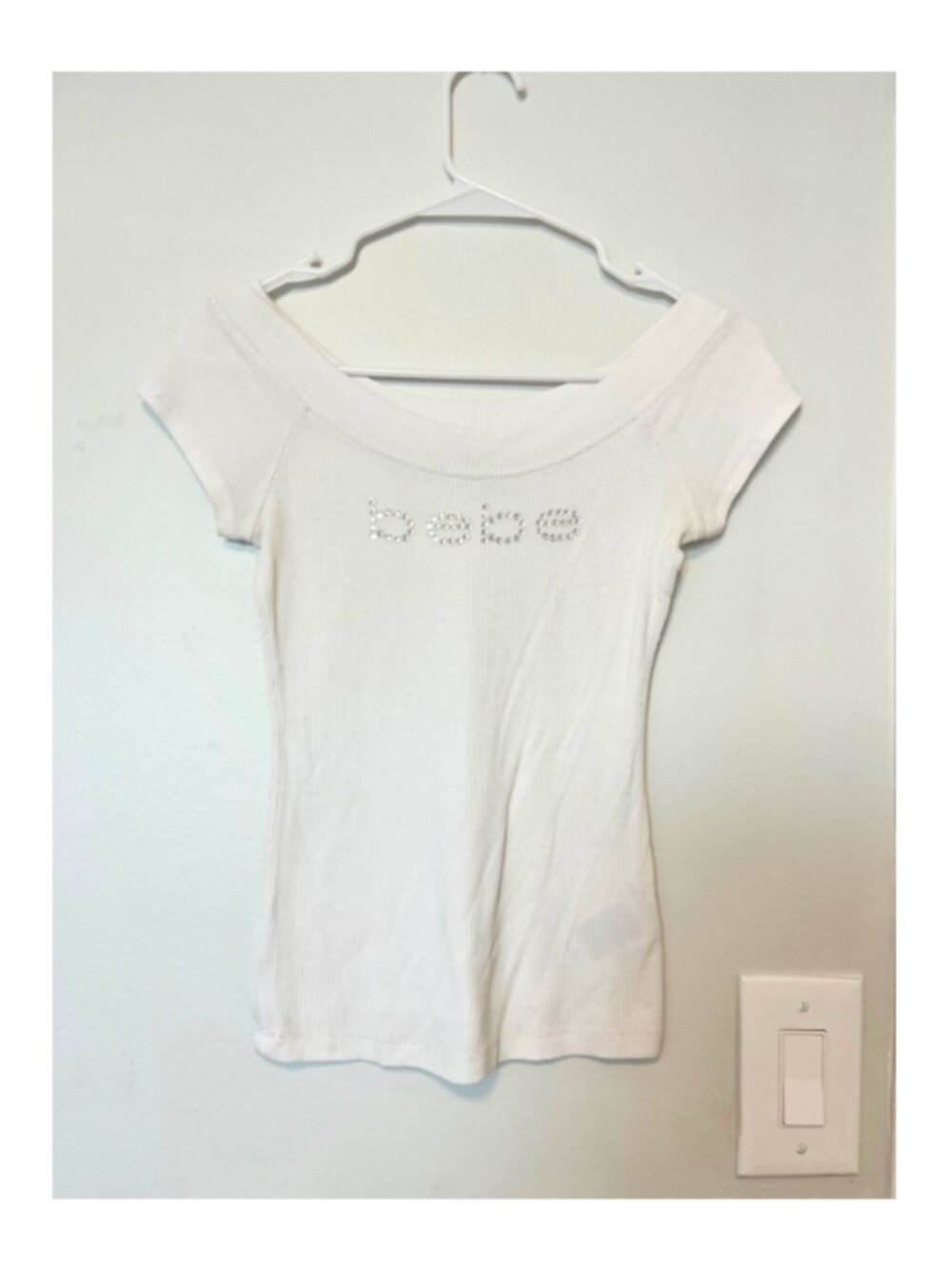 Bebe Vintage Sheer Bedazzled Logo Top – White, Size Small